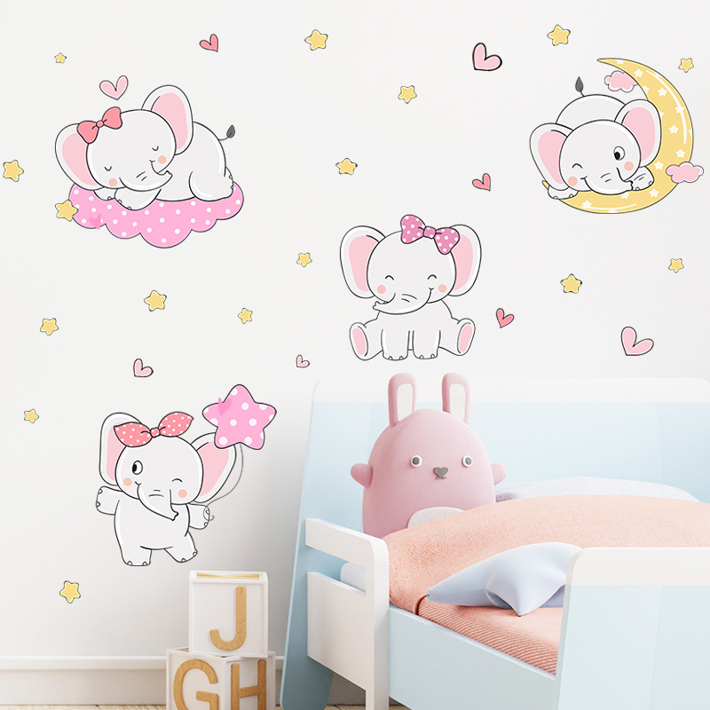 Wall stickers of a baby elephant with a pink polka dot bow Children's Room Nursery wardrobe Decal Cartoon animals wall stickers