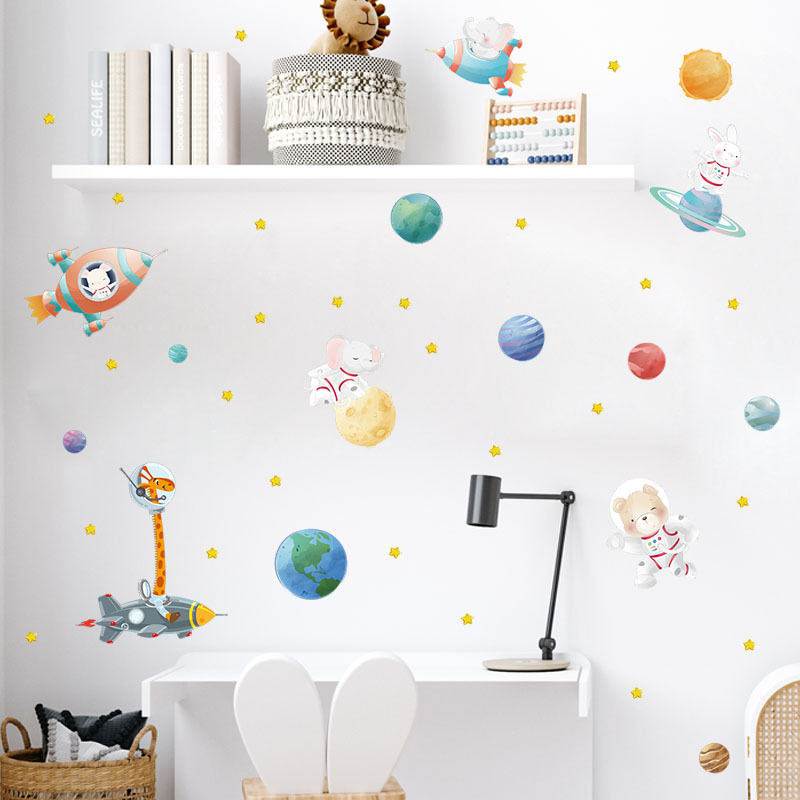 Cartoon Animal Astronaut Wall Stickers Travel in Space wall decal Children's Room Nursery Decorations kids wall decal