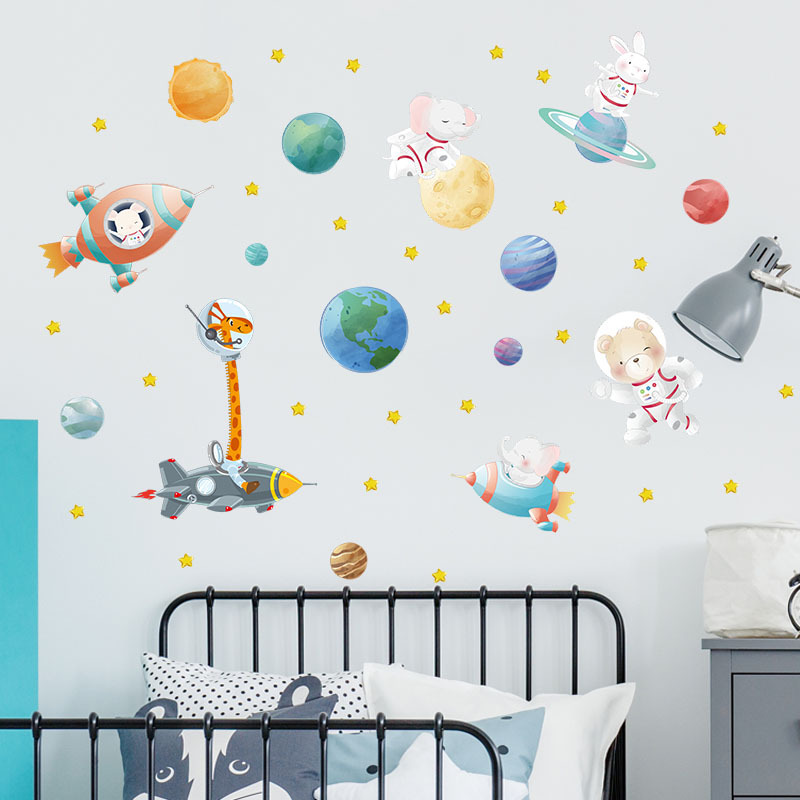 Cartoon Animal Astronaut Wall Stickers Travel in Space wall decal Children's Room Nursery Decorations kids wall decal