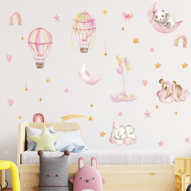 Pink hot air balloon rainbow and star wall sticker Baby's Room Nursery wardrobe Decal Cartoon animals wall decor