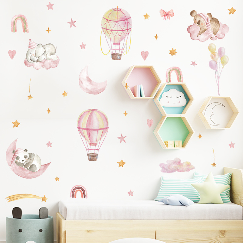 Pink hot air balloon rainbow and star wall sticker Baby's Room Nursery wardrobe Decal Cartoon animals wall decor