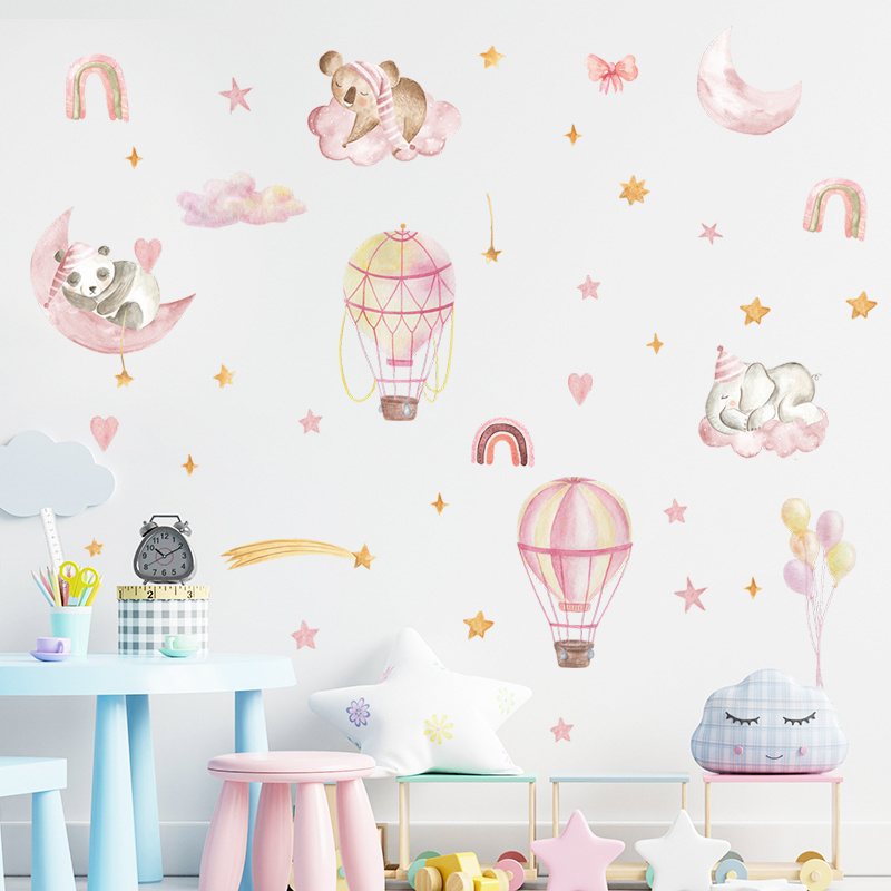 Pink hot air balloon rainbow and star wall sticker Baby's Room Nursery wardrobe Decal Cartoon animals wall decor