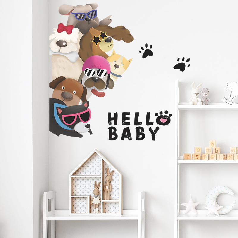 Cartoon Cool Dogs hello baby Bedroom living room children's room door wall background beautification wall stickers