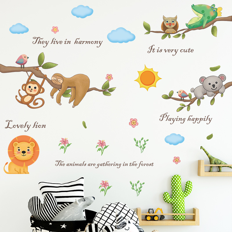 Cute cartoon animals basking in the sun Children's room bedroom wall background stickers