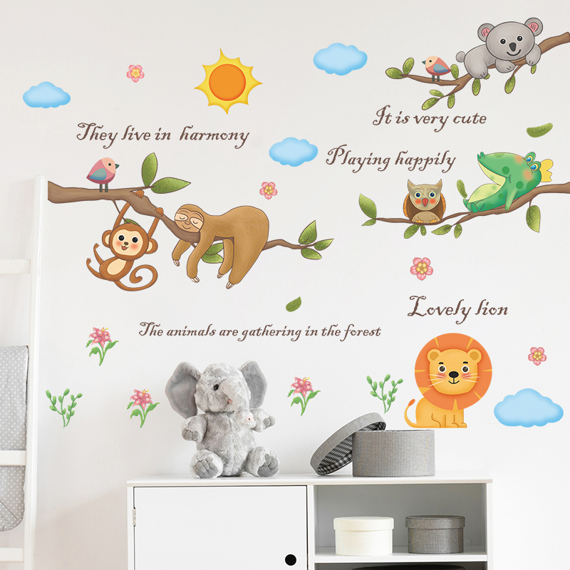 Cute cartoon animals basking in the sun Children's room bedroom wall background stickers