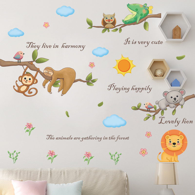 Cute cartoon animals basking in the sun Children's room bedroom wall background stickers