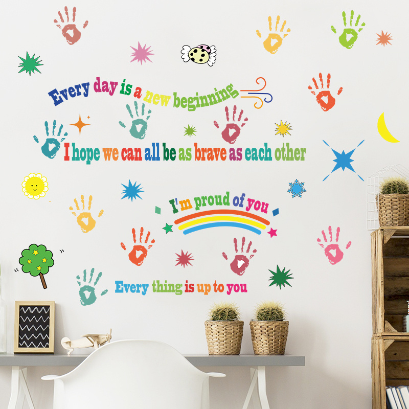 Cartoon positive inspirational hand printed English sentences Decorative wall stickers for children's rooms