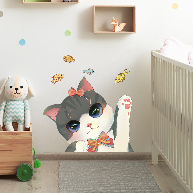 Cartoon Cute Cat Little Fish Children Room Nursery Room Background Wall Decoration Wall Sticker Self pasting