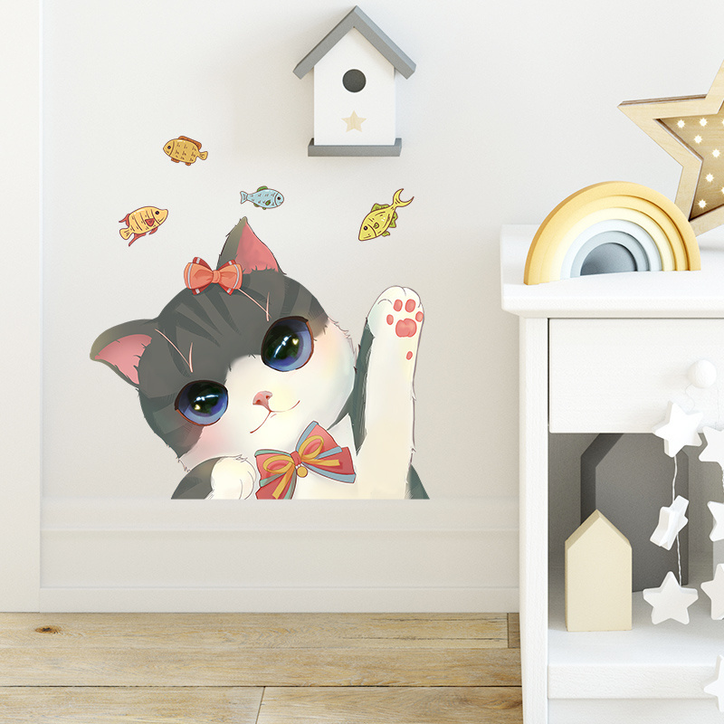 Cartoon Cute Cat Little Fish Children Room Nursery Room Background Wall Decoration Wall Sticker Self pasting