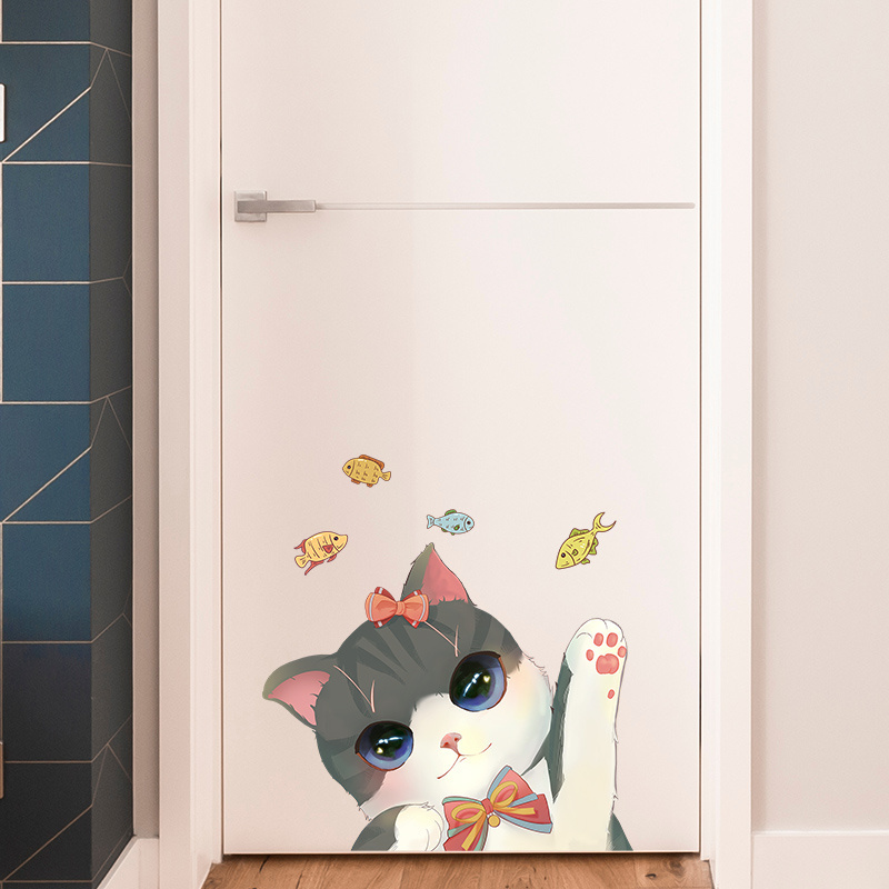 Cartoon Cute Cat Little Fish Children Room Nursery Room Background Wall Decoration Wall Sticker Self pasting