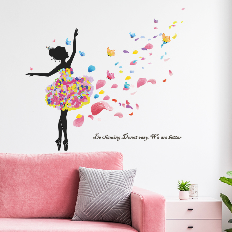 Dancing Flower Fairy in Cartoon with Petals Flowing Living room bedroom home wall background beautification wall stickers