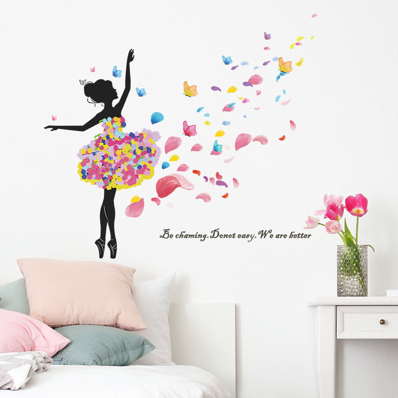 Dancing Flower Fairy in Cartoon with Petals Flowing Living room bedroom home wall background beautification wall stickers