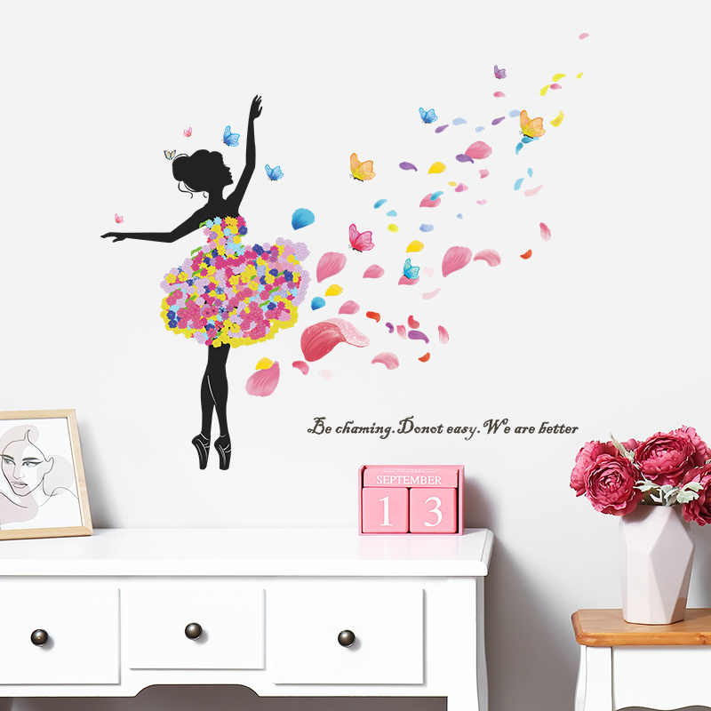 Dancing Flower Fairy in Cartoon with Petals Flowing Living room bedroom home wall background beautification wall stickers