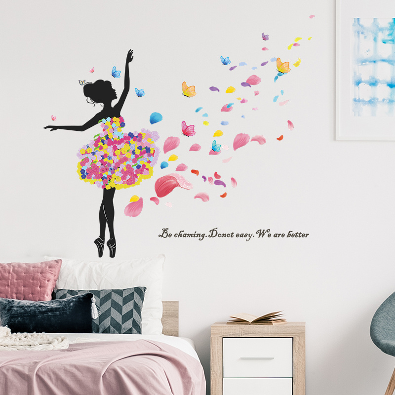 Dancing Flower Fairy in Cartoon with Petals Flowing Living room bedroom home wall background beautification wall stickers