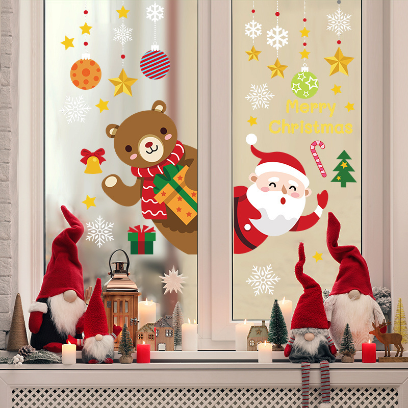 Santa Claus Snowflake Wall Stickers Christmas Balls Hangers Electrostatic stickers Reusable Glass Stickers