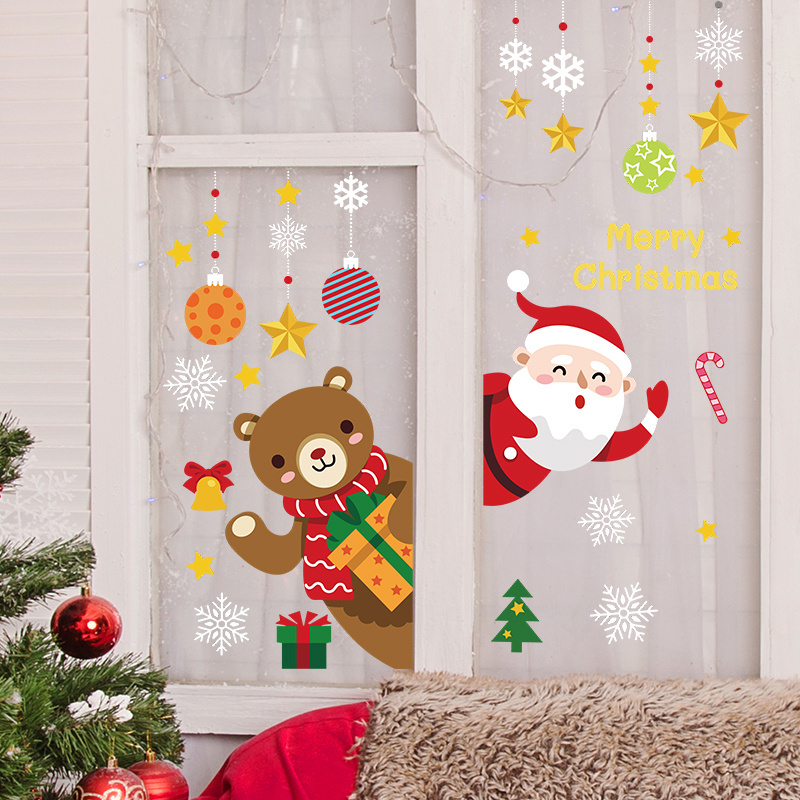 Santa Claus Snowflake Wall Stickers Christmas Balls Hangers Electrostatic stickers Reusable Glass Stickers