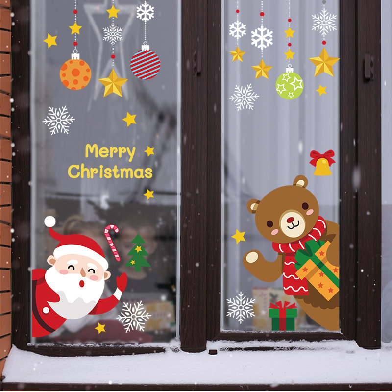 Santa Claus Snowflake Wall Stickers Christmas Balls Hangers Electrostatic stickers Reusable Glass Stickers