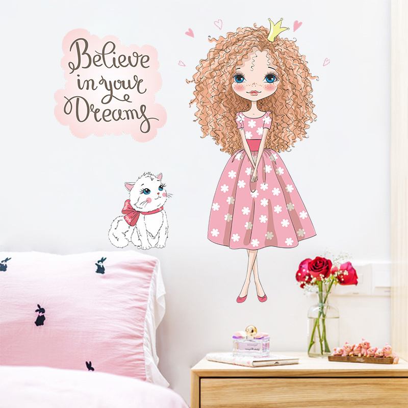 Artistic beauty and kitten girl bedroom entrance commercial wall beautification decoration wall stickers