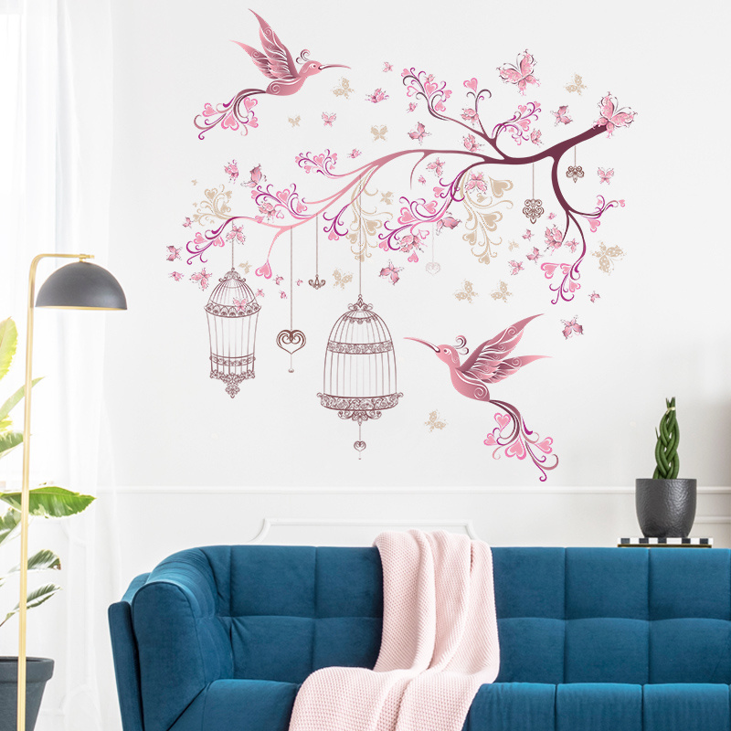 Pink butterfly branches and bird cage wall stickers Peacocks Phoenix wall decoration Bedroom coffee shop mall home decal