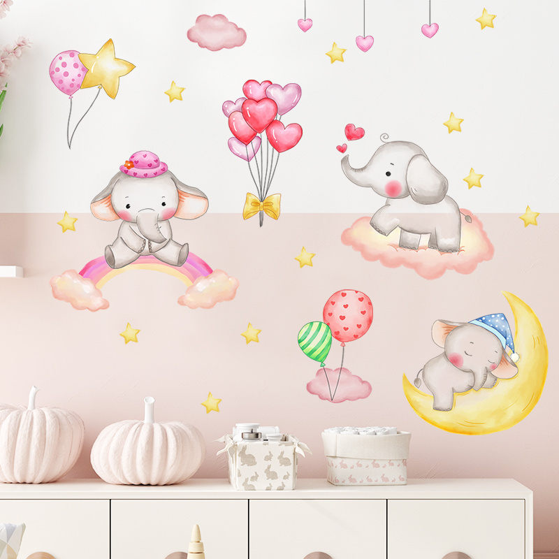 Cartoon Elephant Rainbow Cloud Moon Balloon Children Room Background Wall Decoration Wall Sticker