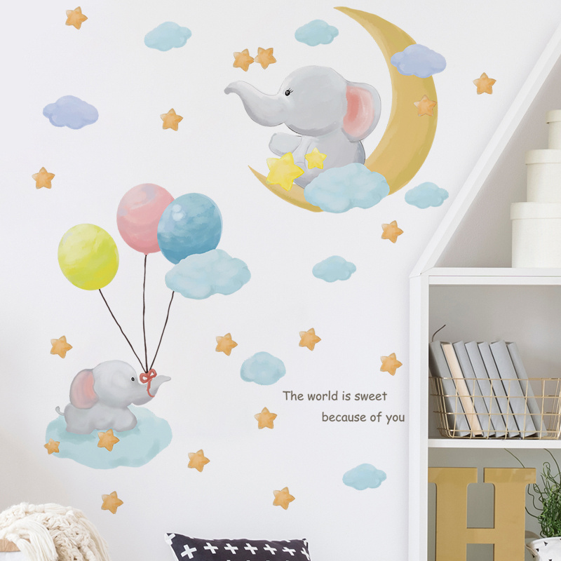 Cartoon Moon Star Balloon Elephant Children's room home bedroom children's cartoon wall background beautification stickers