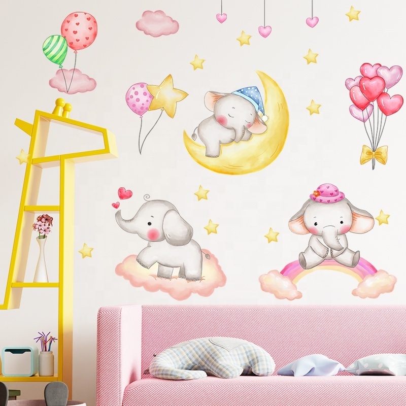 Cartoon Elephant Rainbow Cloud Moon Balloon Children Room Background Wall Decoration Wall Sticker