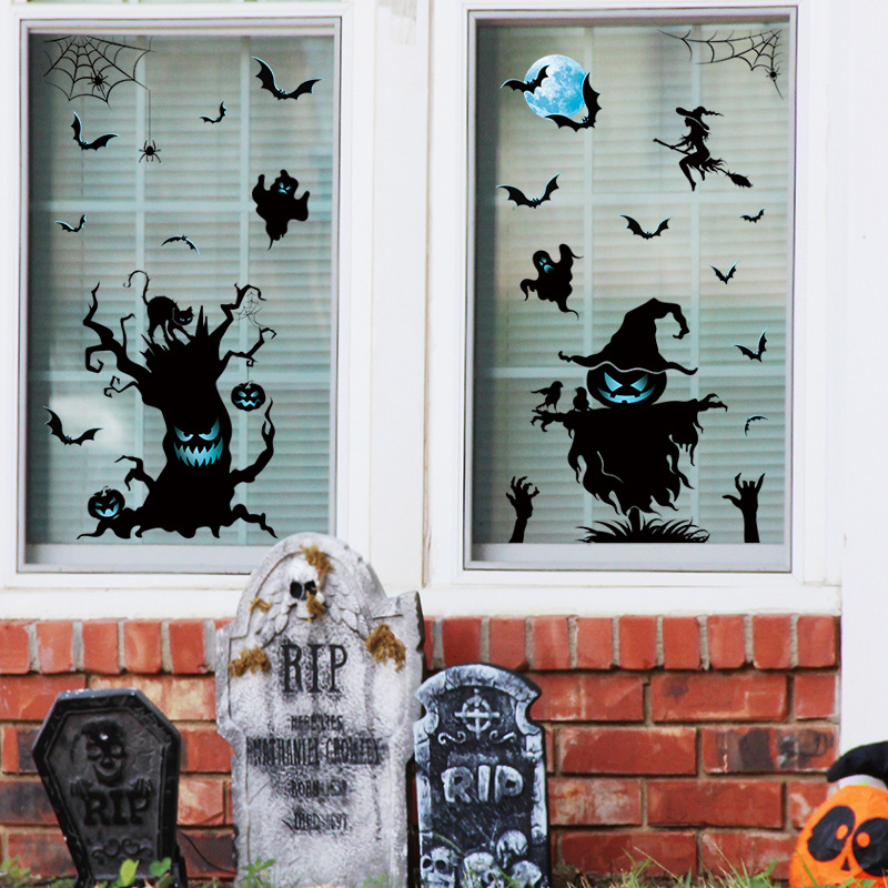 Halloween Scarecrow Bat Moon Wall Decal Glass Doors and Windows Horror Decoration Decal