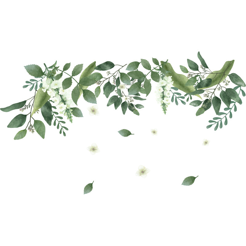 Wall stickers of plants and flowers Kid's Room Bedroom Living Room decoration green leaves and white flowers Murals