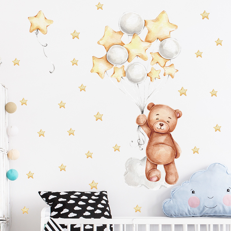 Nursery baby room wall wardrobe decoration removable 3D wall stickers cute brown bear holding star balloon wall stickers