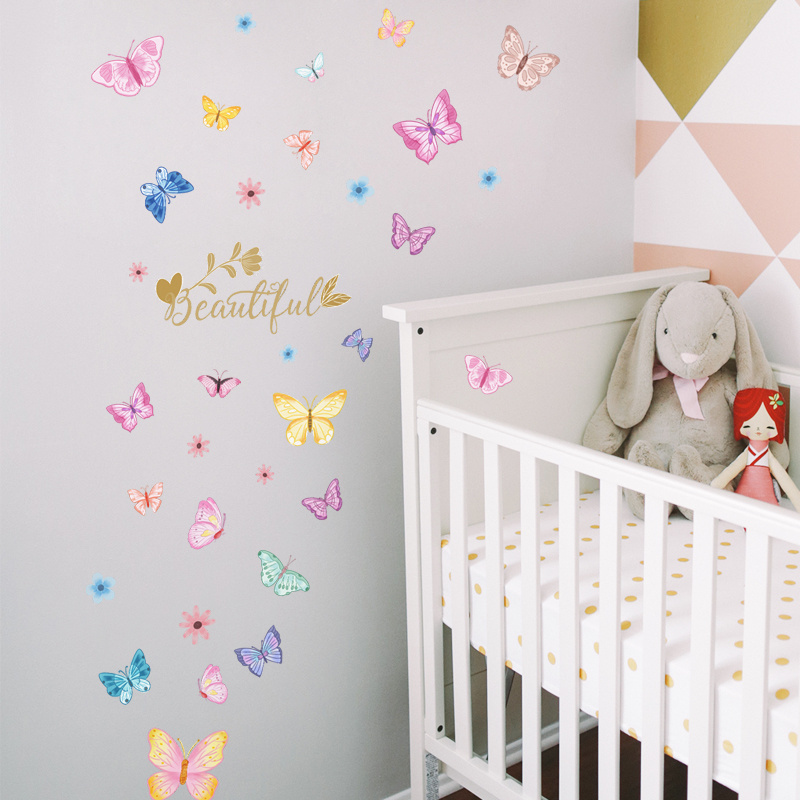 Beautiful colorful butterflies and flowers Shopping mall Clothes shop living room bedroom wall background beautification sticker