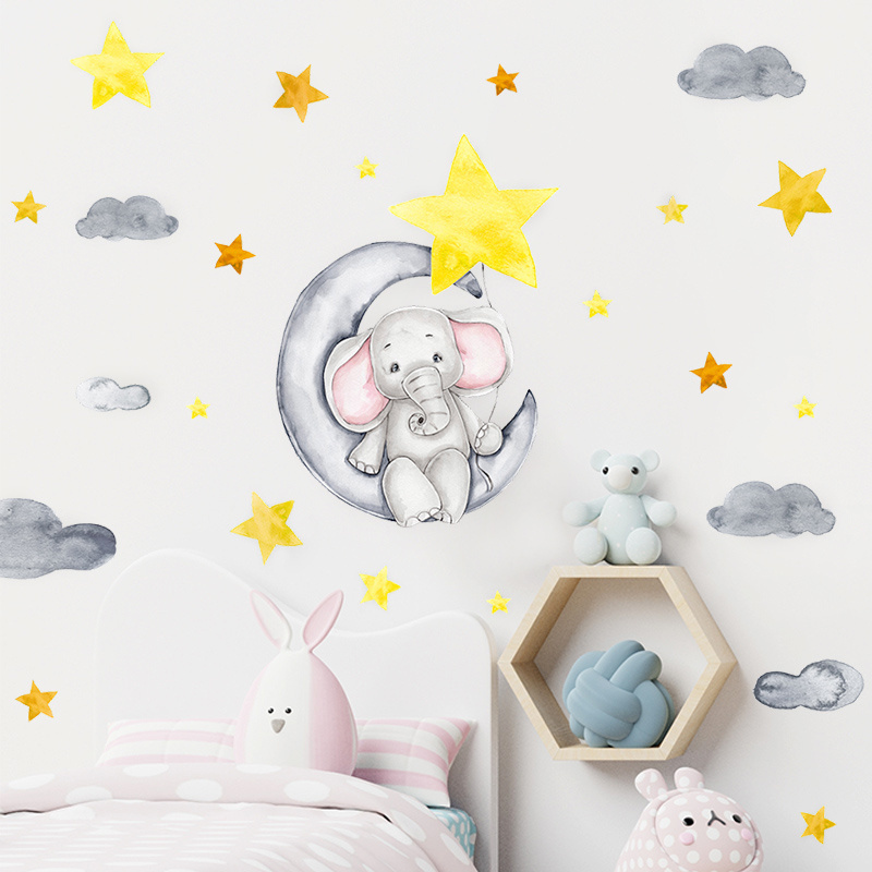 Elephant Sitting on the Moon Cartoon Wall stickers Star Cloud decal  Baby's Room Cartoon decal Kindergarten Nursery Home decor