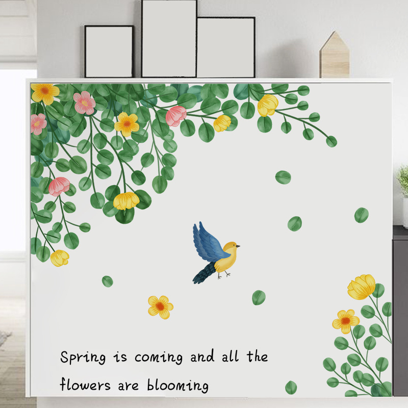 symbolize spring green leafy birds and blooming flowers  stickers in the living room home bedroom background and wall decals