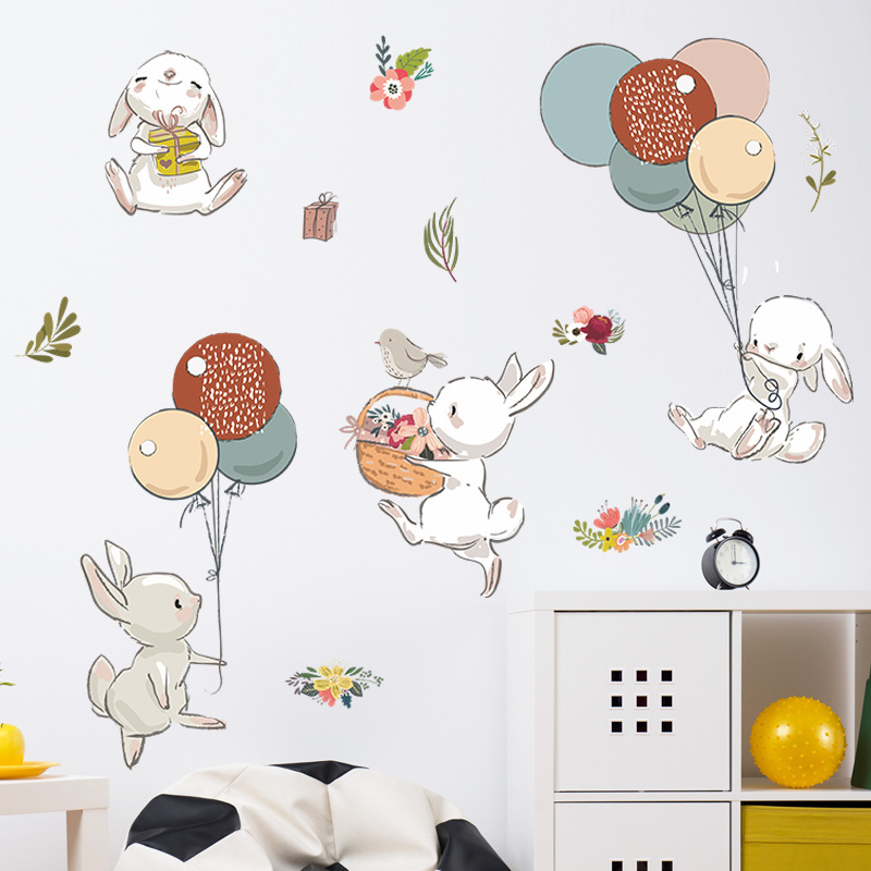 Cartoon rabbit and colorful balloon flowers wall sticker Baby's Room Cartoon decal Kindergarten Nursery Home decor