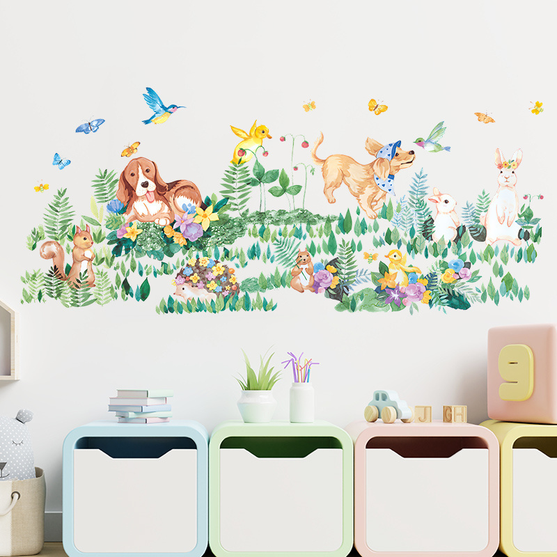 Wall stickers of grass and flying birds Baby's room Kindergarten nursery Playroom Decor Dog, Rabbit,Squirrel and Hedgehog Decal