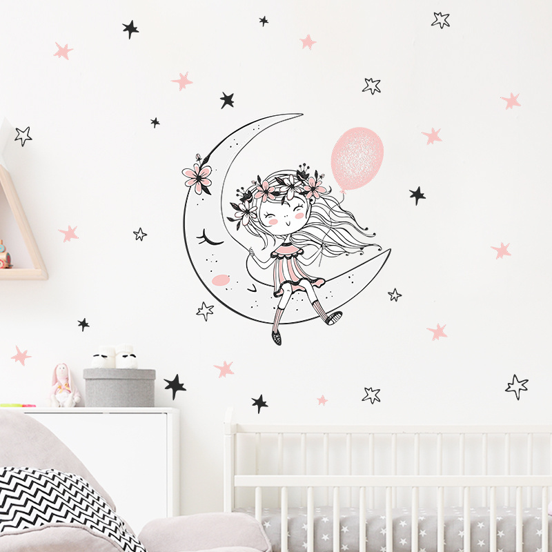 Cartoon Star Moon Balloon Flower Girl Living room bedroom children's room little girl's bedroom wall decoration sticker