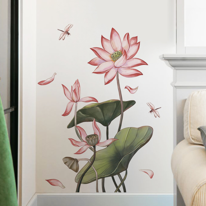 Lotus leaves and falling lotus flowers Living room bedroom home wall background beautification wall stickers