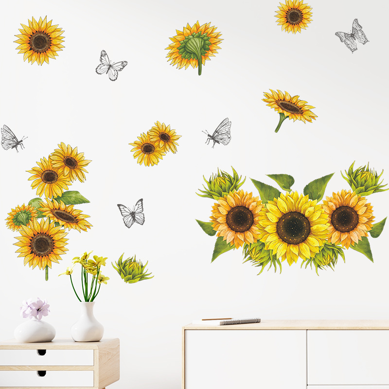 Sunflower Wall Stickers Yellow Flowers and Butterfly Wall Decal Garden Flower Wall Stickers Bedroom Living Room TV Decoration