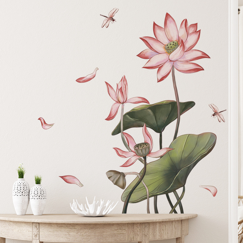 Lotus leaves and falling lotus flowers Living room bedroom home wall background beautification wall stickers