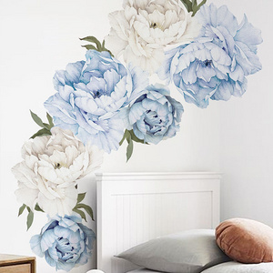 Watercolor plain blue and white peony wall sticker living room sofa bedroom bedside decoration sticker Removable wall decal