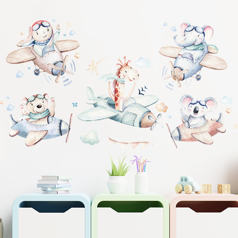 Animal Wall Decals for Flying Airplanes Murals Elephant Giraffe Wall Stickers Baby Nursery Kids Bedroom Playroom Wall Decor