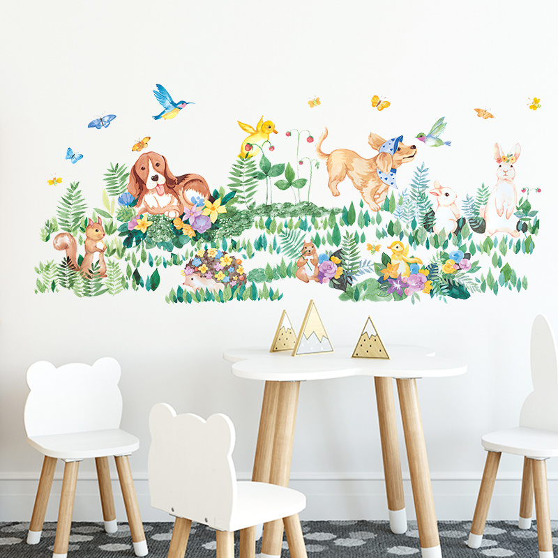 Wall stickers of grass and flying birds Baby's room Kindergarten nursery Playroom Decor Dog, Rabbit,Squirrel and Hedgehog Decal