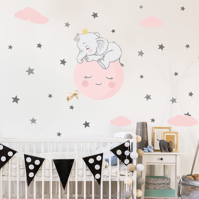 Pink Moon Clouds and Star Wall Stickers Cartoon Animal Elephant Decorations Children's Room Nursery Decals