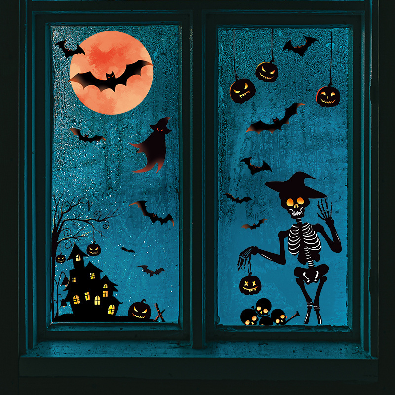 Halloween Wall Sticker Red Moon Bat Skeleton Man Glass Door and Window Decoration Cinema Mall Background