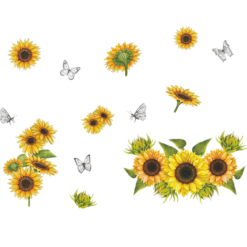 Sunflower Wall Stickers Yellow Flowers and Butterfly Wall Decal Garden Flower Wall Stickers Bedroom Living Room TV Decoration