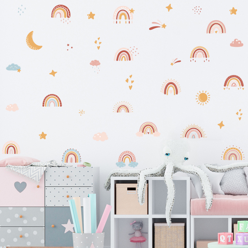 Pink Rainbow Star and Moon Wall stickers Baby's Room Nursery refrigerator wardrobe wall decor DIY cartoon wall Decal