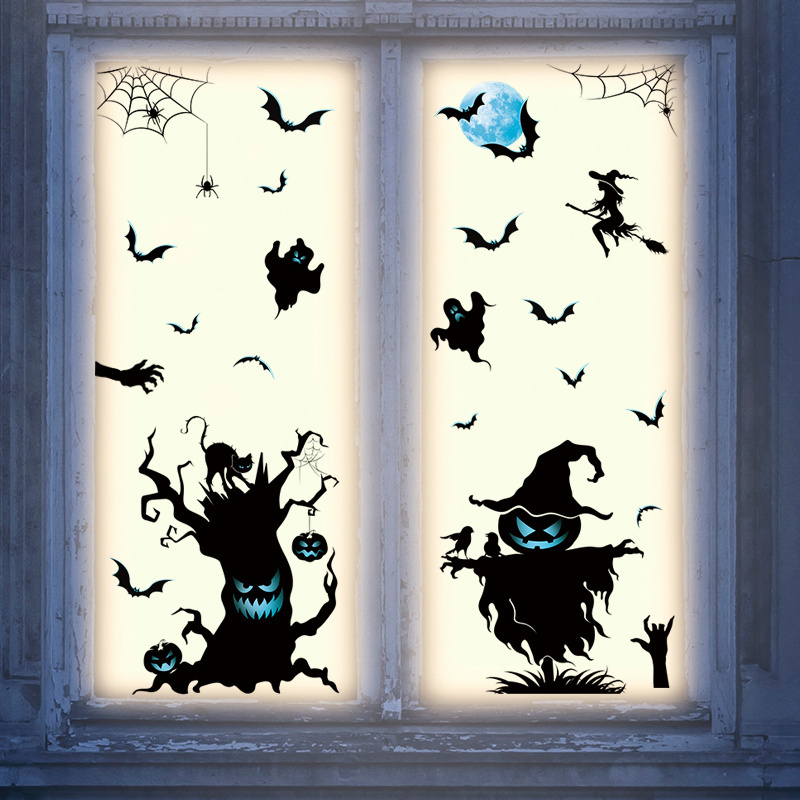 Halloween Scarecrow Bat Moon Wall Decal Glass Doors and Windows Horror Decoration Decal