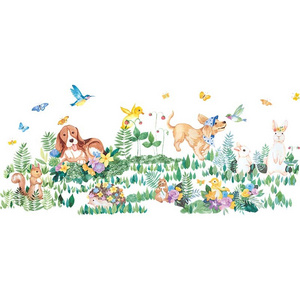 Wall stickers of grass and flying birds Baby's room Kindergarten nursery Playroom Decor Dog, Rabbit,Squirrel and Hedgehog Decal