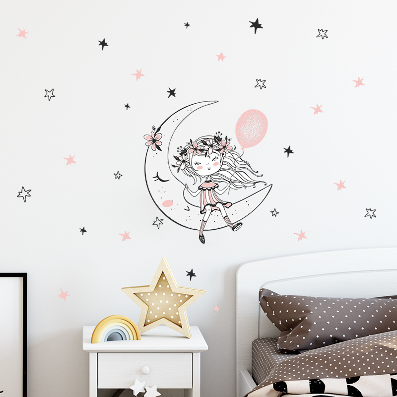 Cartoon Star Moon Balloon Flower Girl Living room bedroom children's room little girl's bedroom wall decoration sticker