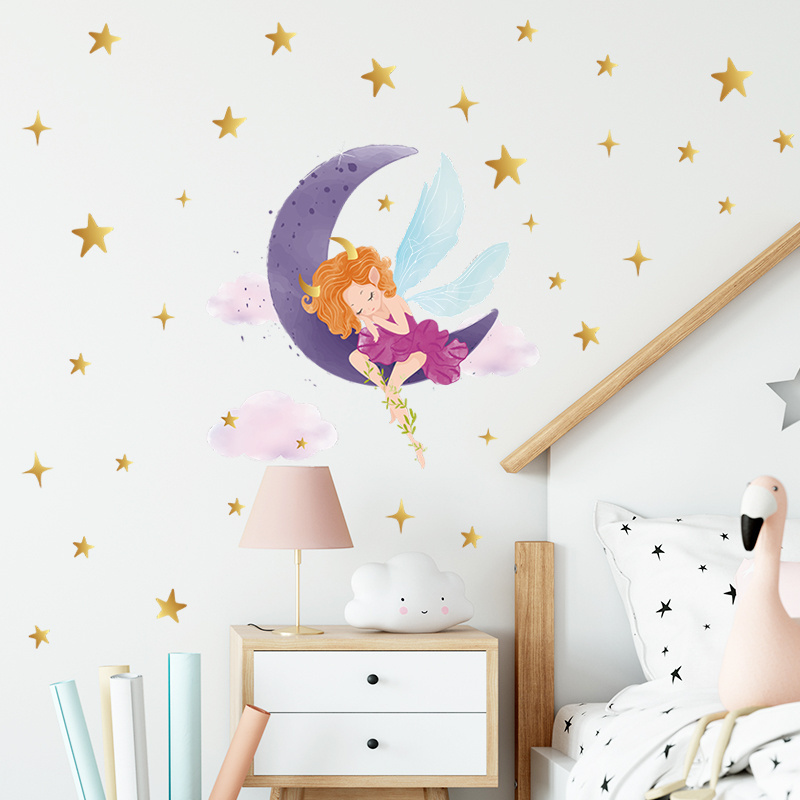 Cartoon Purple Moon Elf Star Living room bedroom home wall background beautification wall stickers