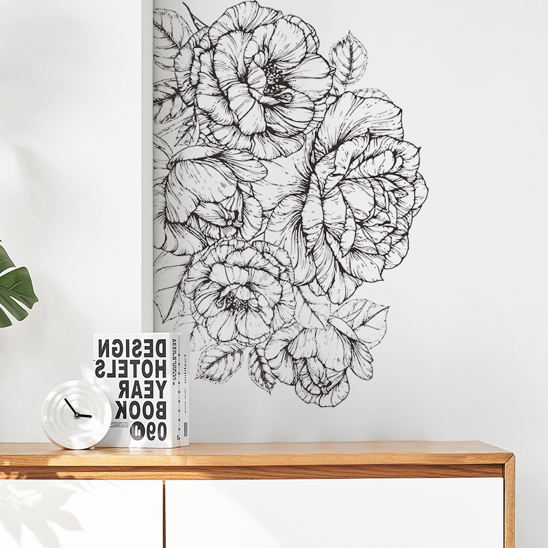 Black sketch large size peony wall stickers Simple literary style wall decoration for living room office dormitory coffee shop